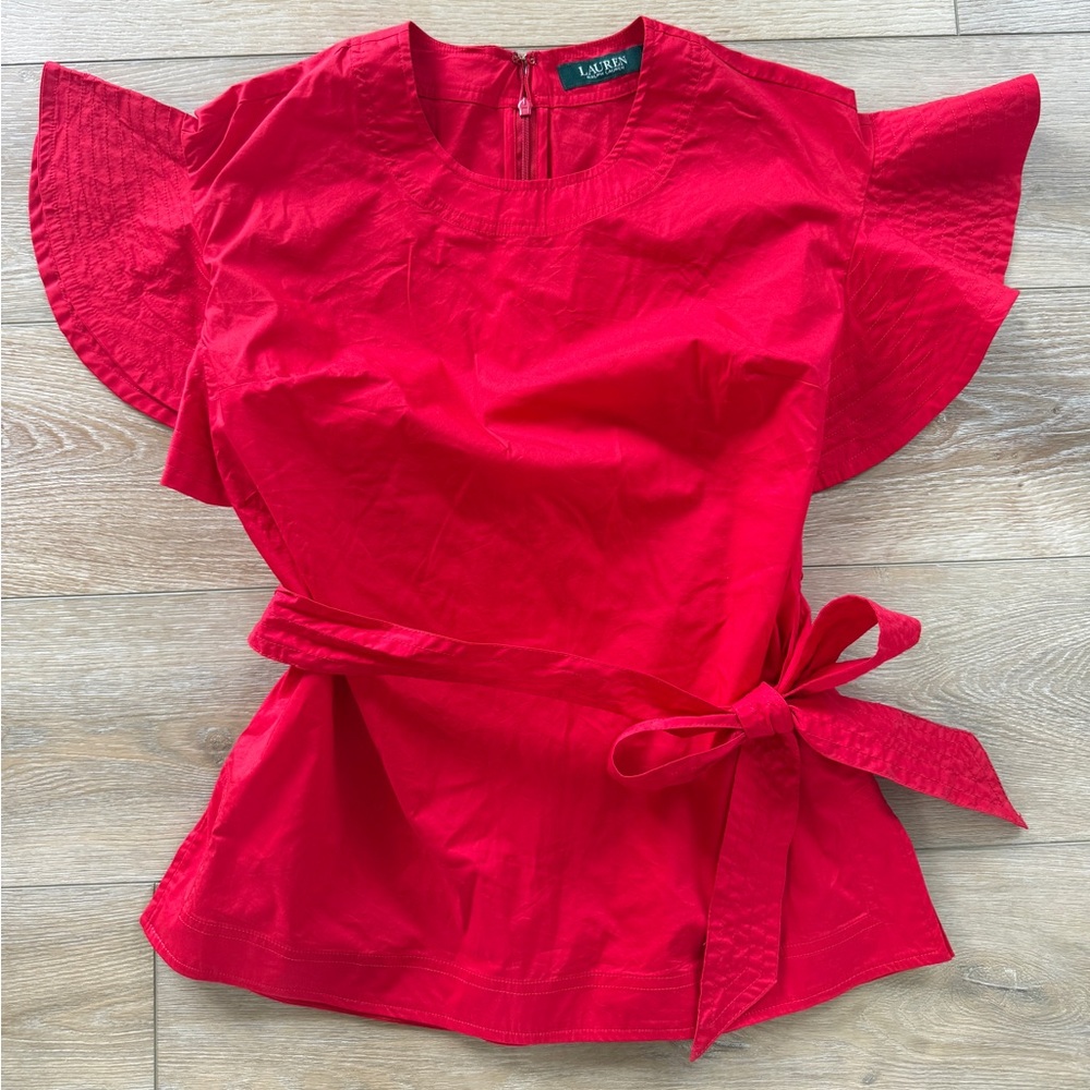 Like New Lauren Ralph Lauren Red Chic Butterfly/Flutter Sleeves & Tie Belt, S - Picture 4 of 4